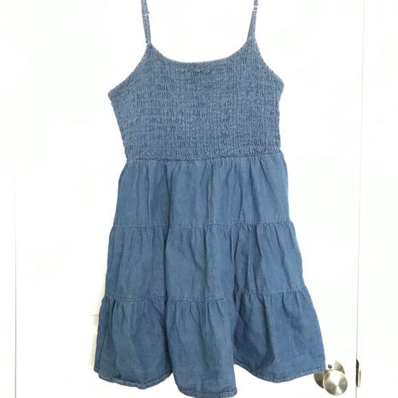 Bluenotes 100% Cotton Chambray Smocked Tiered Mini Dress XL Pockets Denim - Picture 2 of 12